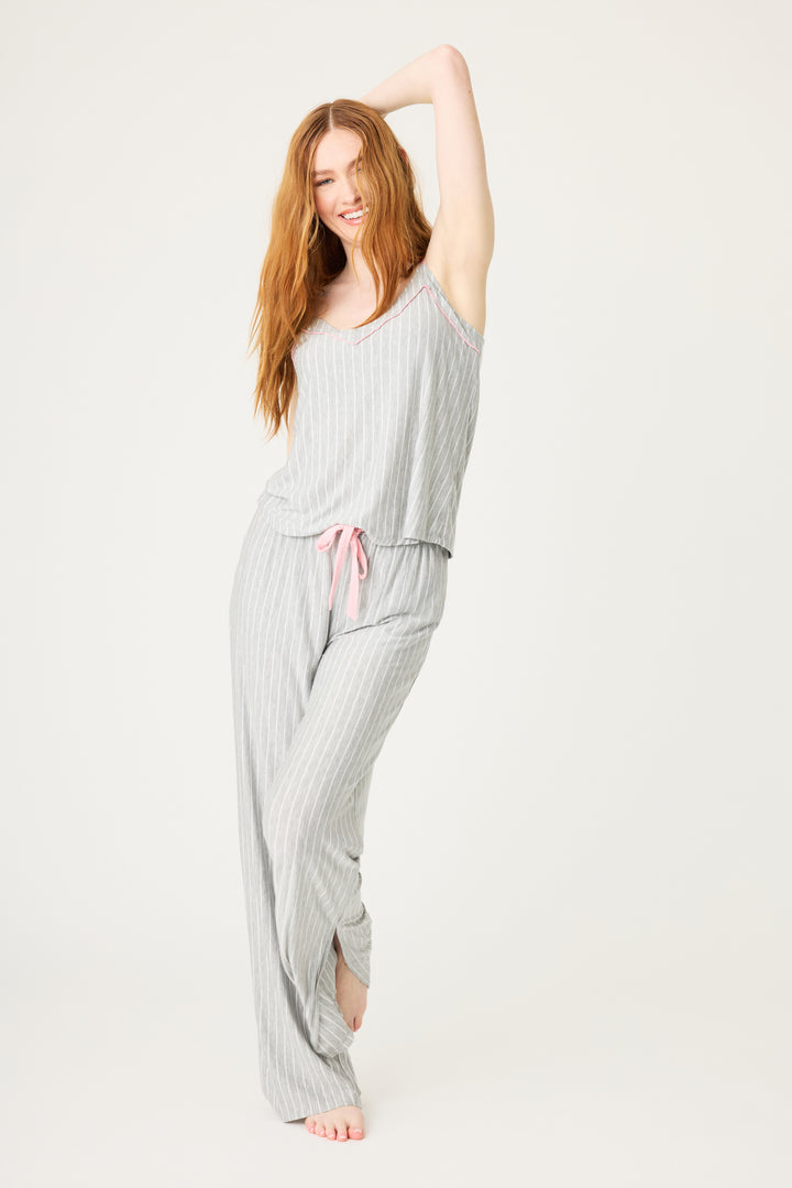 Grey-ivory modal women's sleep set. Camisole top with piping & shelf bra with pj pant with side pockets & contrast pink tie waist.