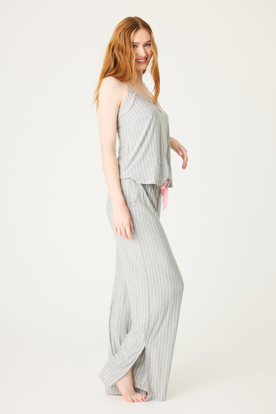Grey-ivory modal women's sleep set. Camisole top with piping & shelf bra with pj pant with side pockets & contrast pink tie waist.