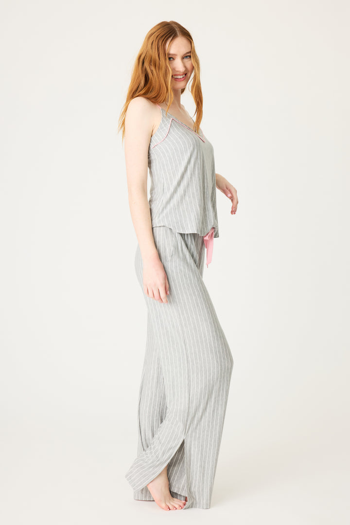 Grey-ivory modal women's sleep set. Camisole top with piping & shelf bra with pj pant with side pockets & contrast pink tie waist.