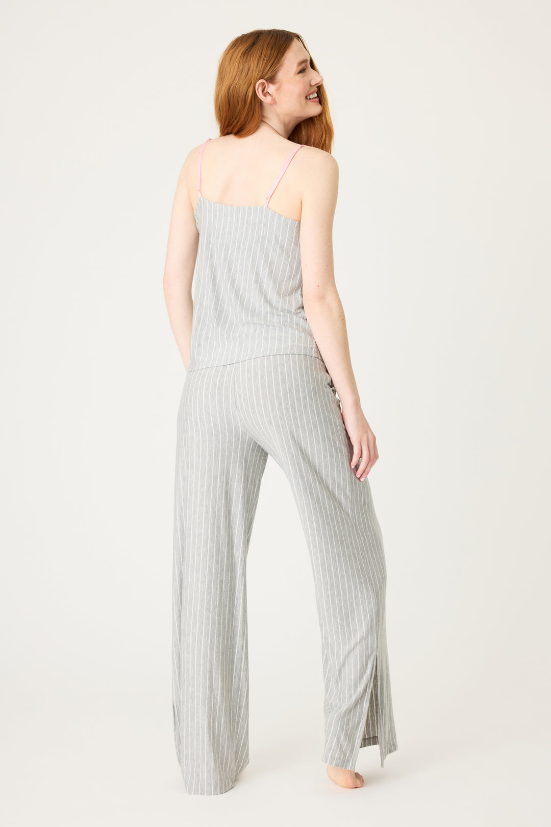 Grey-ivory modal women's sleep set. Camisole top with piping & shelf bra with pj pant with side pockets & contrast pink tie waist.