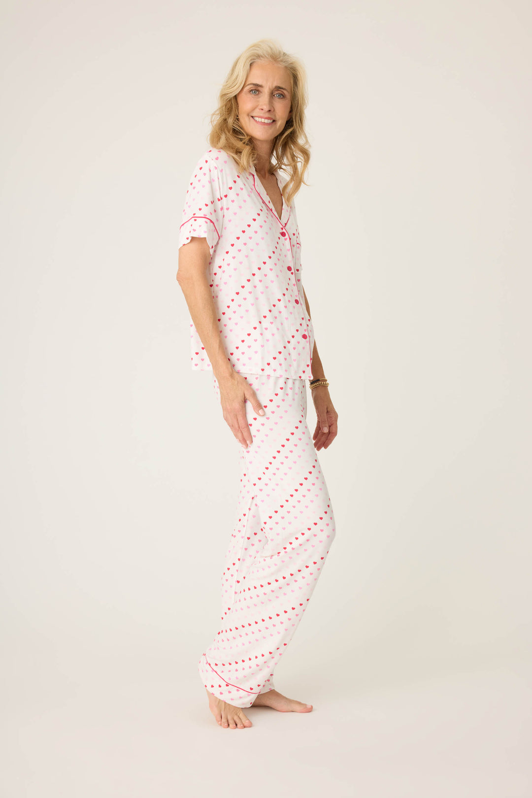 Women's ivory & red heart print pajama set, with short sleeve button top & pj pant.