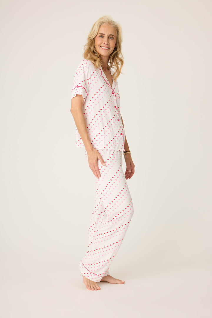 Women's ivory & red heart print pajama set, with short sleeve button top & pj pant.