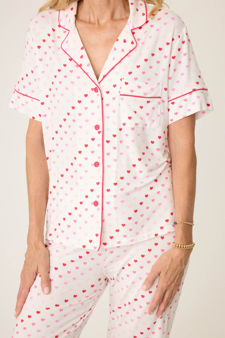 Women's ivory & red heart print pajama set, with short sleeve button top & pj pant.