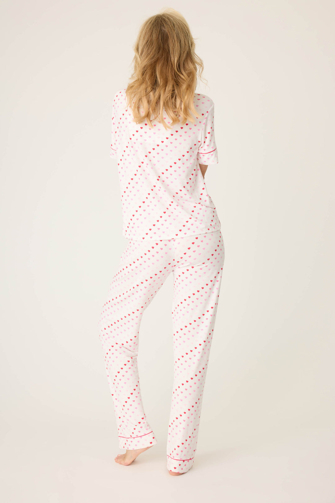 Women's ivory & red heart print pajama set, with short sleeve button top & pj pant.