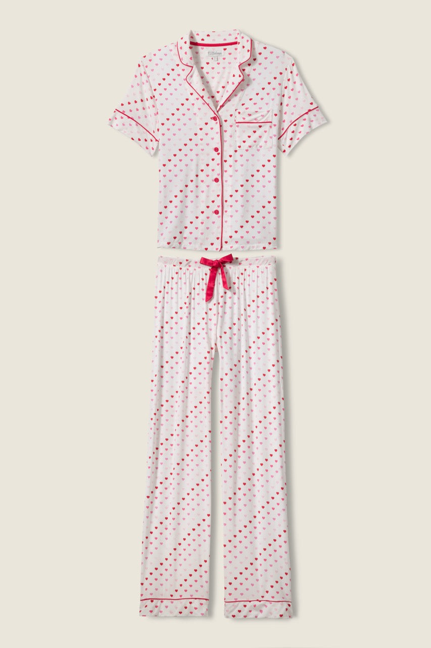 Women's ivory & red heart print pajama set, with short sleeve button top & pj pant.