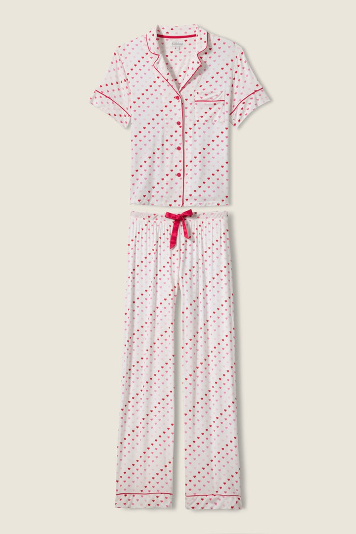 Women's ivory & red heart print pajama set, with short sleeve button top & pj pant.