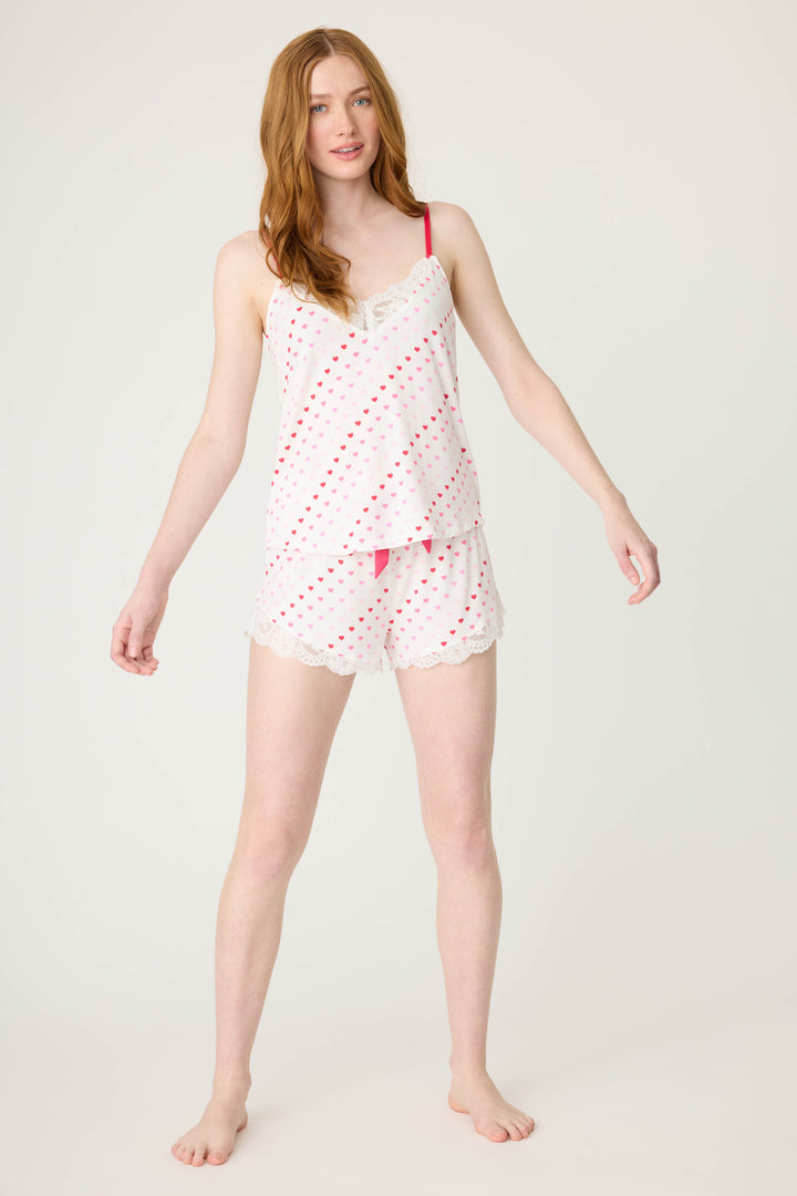 Women's ivory & red heart print camisole & short set with lace.