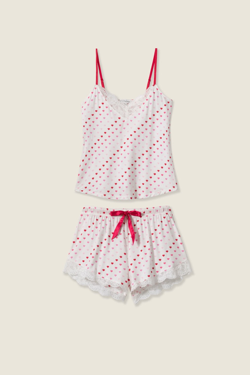 Women's ivory & red heart print camisole & short set with lace.