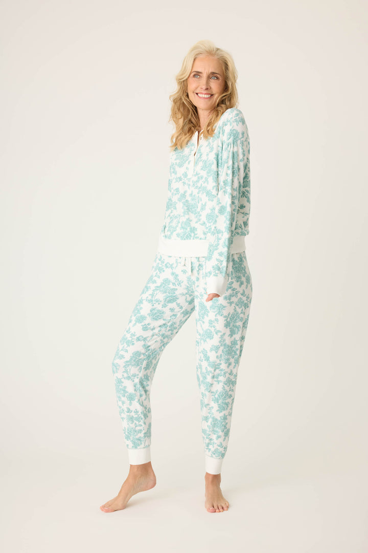 Women's white pj jammie top and banded jogger pant with jade floral pattern.