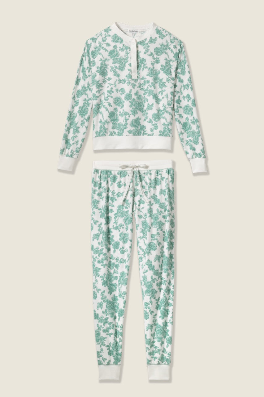 Women's white pj jammie top and banded jogger pant with jade floral pattern.