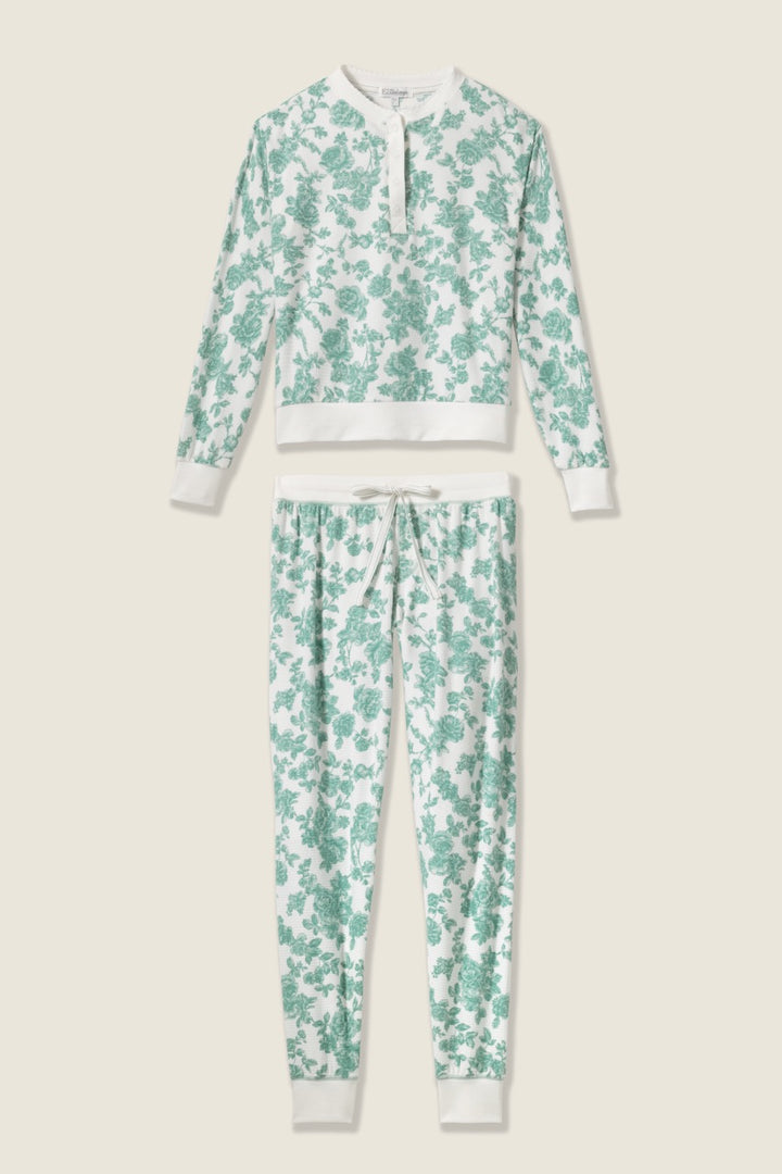 Women's white pj jammie top and banded jogger pant with jade floral pattern.