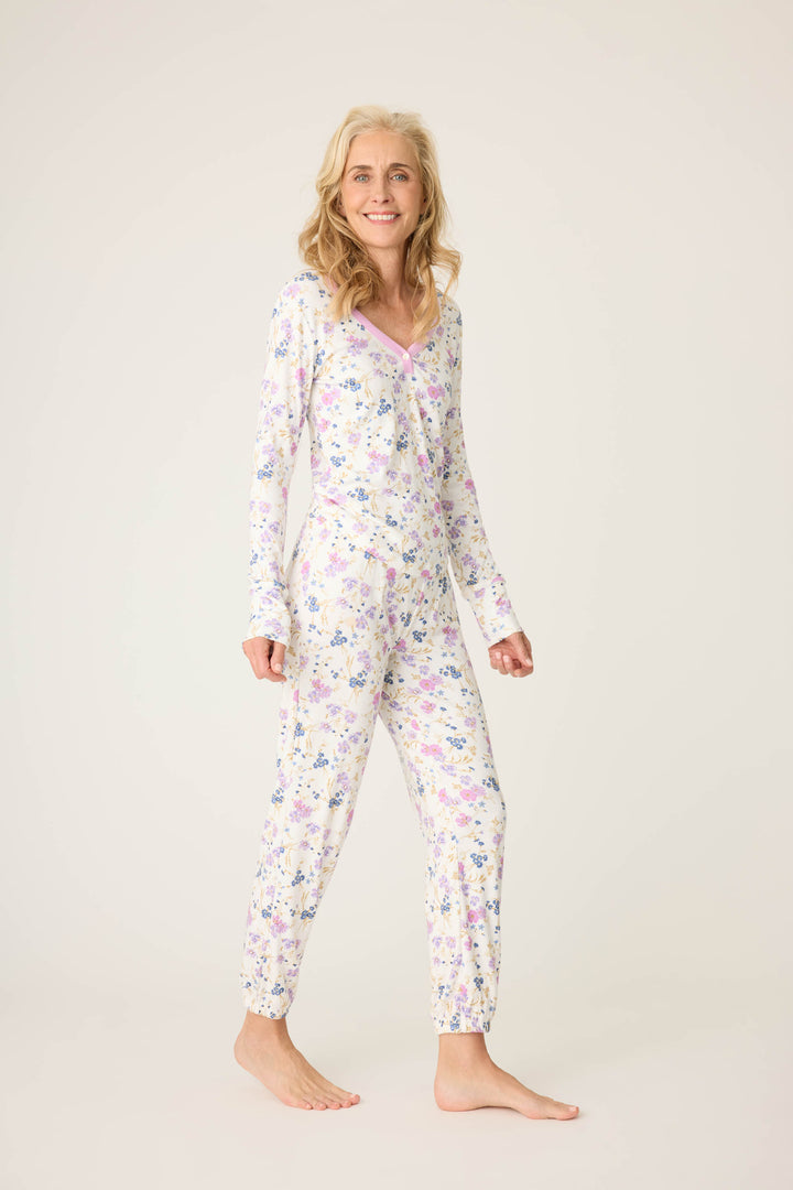 Women's ivory jammie v-neck long sleeve and banded pj pant with floral pattern.