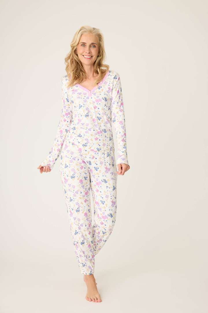Women's ivory jammie v-neck long sleeve and banded pj pant with floral pattern.