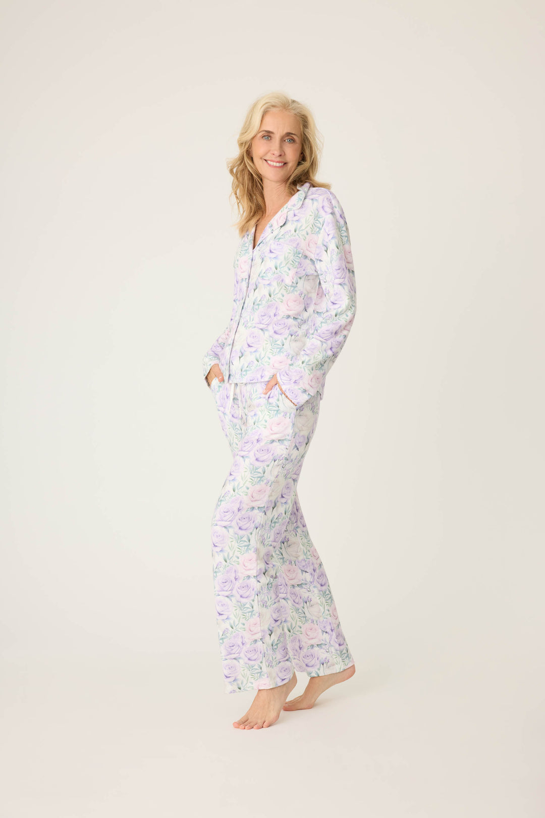 Women's lilac rose patterned collared pj long sleeve and tie waist pants.