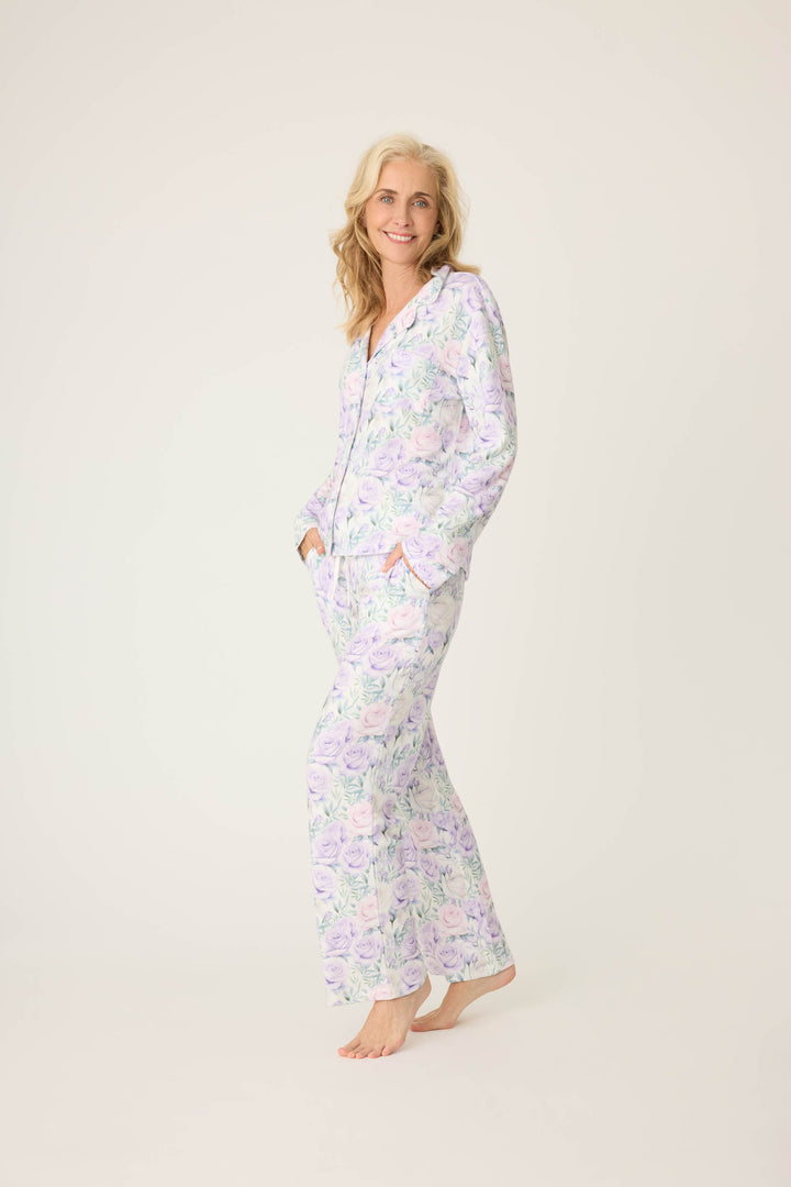 Women's lilac rose patterned collared pj long sleeve and tie waist pants.