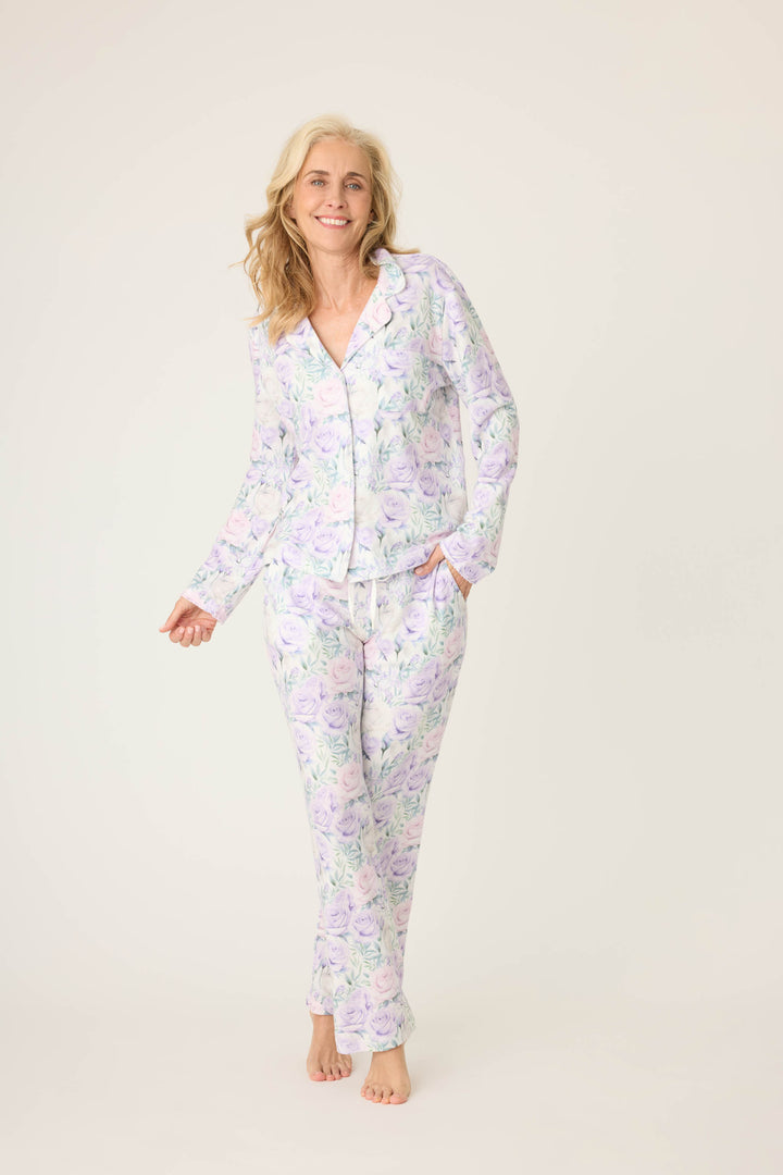 Women's lilac rose patterned collared pj long sleeve and tie waist pants.
