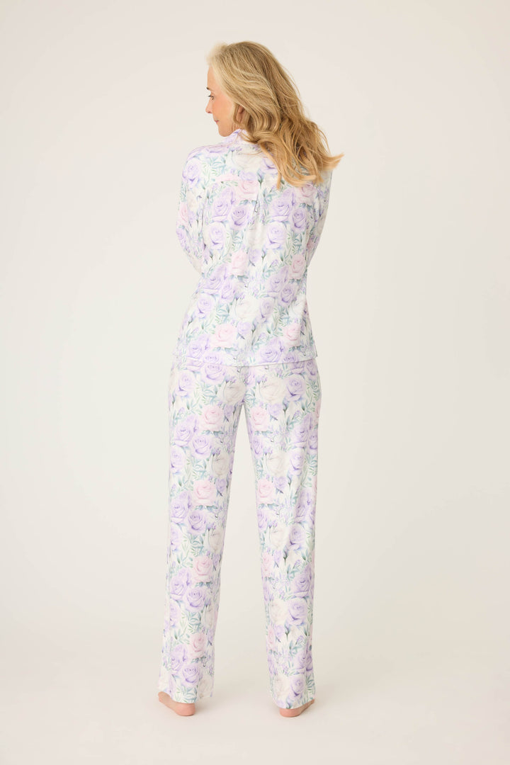 Women's lilac rose patterned collared pj long sleeve and tie waist pants.