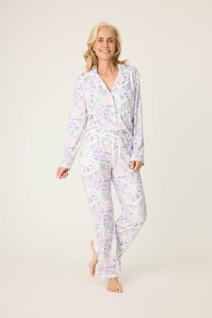 Women's lilac rose patterned collared pj long sleeve and tie waist pants.