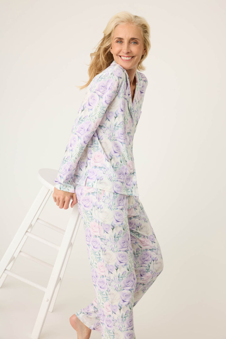 Women's lilac rose patterned collared pj long sleeve and tie waist pants.
