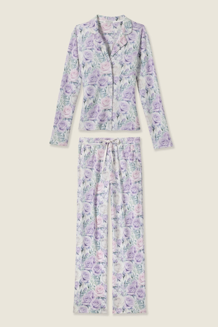 Women's lilac rose patterned collared pj long sleeve and tie waist pants.