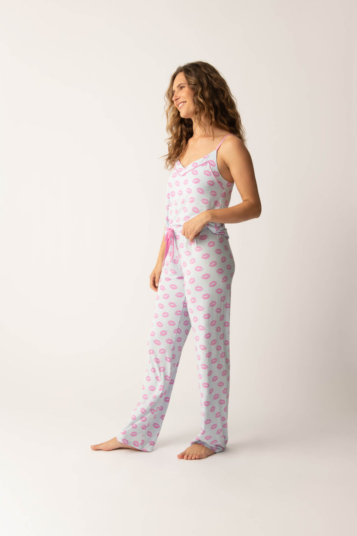 Women's blue pj tank with shelf bra and tie waist pants with pink kiss pattern.