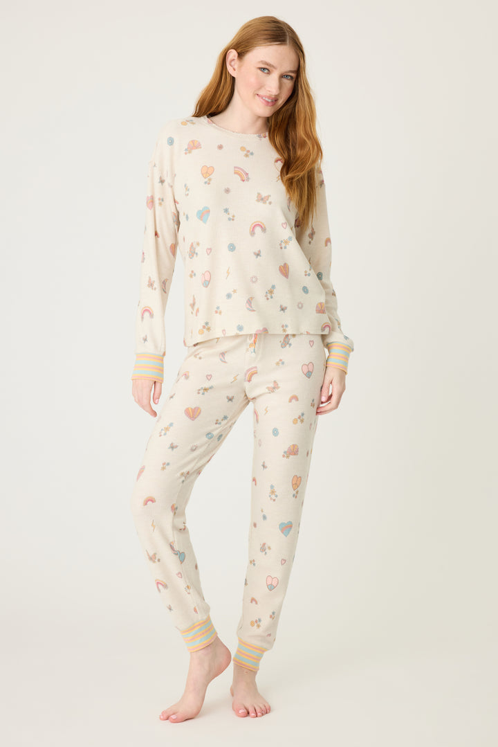 Emoji-fun tattoo printed jammie set top & banded pj pant in oatmeal with multi-color striped waistband.