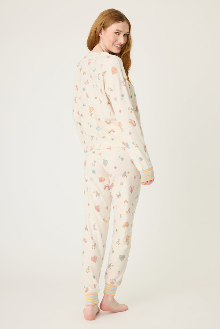 Emoji-fun tattoo printed jammie set top & banded pj pant in oatmeal with multi-color striped waistband.
