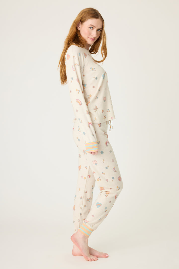 Emoji-fun tattoo printed jammie set top & banded pj pant in oatmeal with multi-color striped waistband.