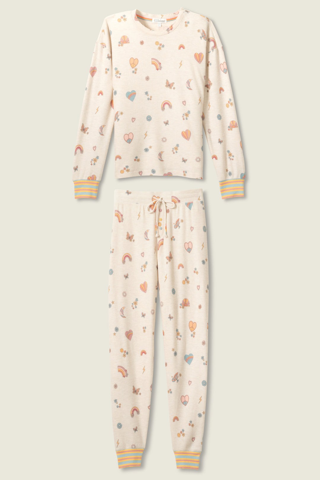 Emoji-fun tattoo printed jammie set top & banded pj pant in oatmeal with multi-color striped waistband.