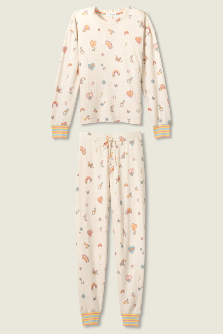 Emoji-fun tattoo printed jammie set top & banded pj pant in oatmeal with multi-color striped waistband.