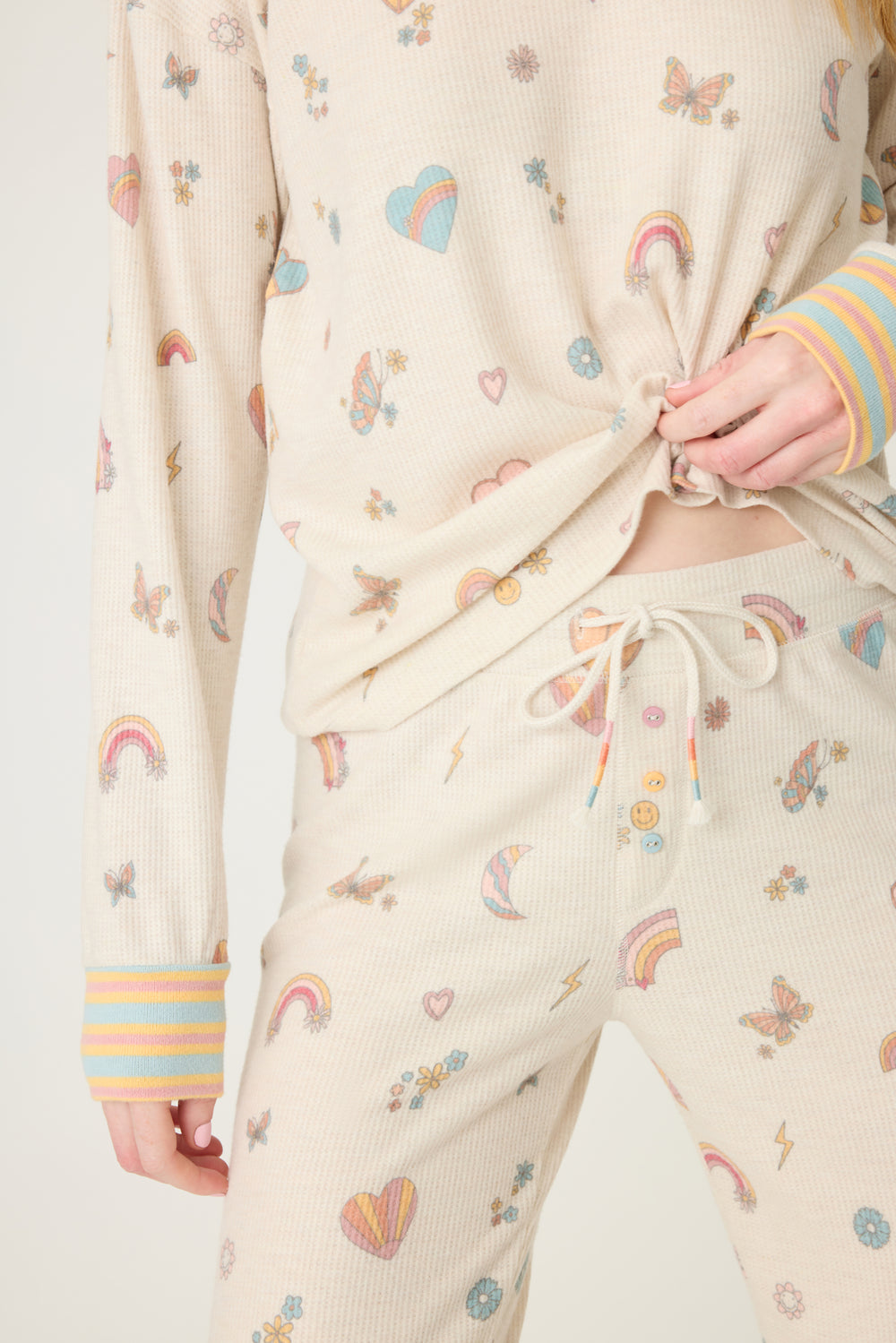Emoji-fun tattoo printed jammie set top & banded pj pant in oatmeal with multi-color striped waistband.