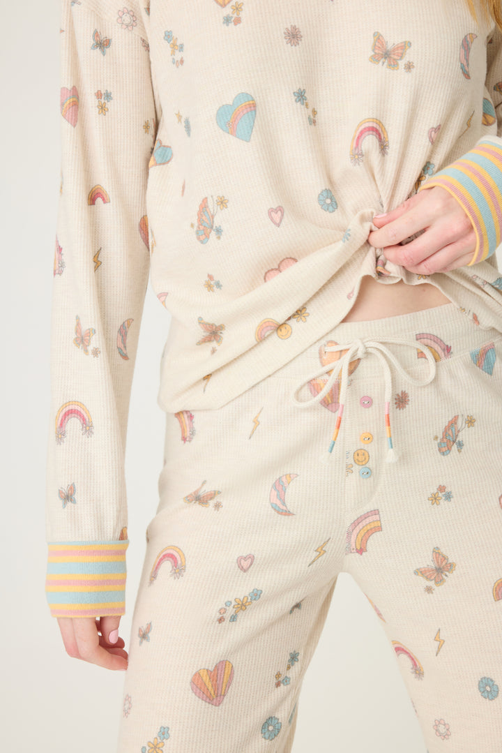 Emoji-fun tattoo printed jammie set top & banded pj pant in oatmeal with multi-color striped waistband.