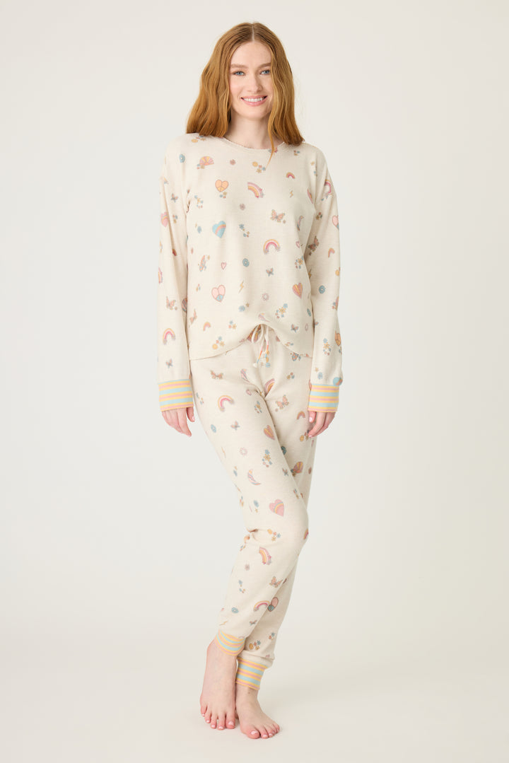 Emoji-fun tattoo printed jammie set top & banded pj pant in oatmeal with multi-color striped waistband.