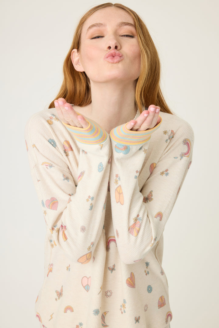 Emoji-fun tattoo printed jammie set top & banded pj pant in oatmeal with multi-color striped waistband.