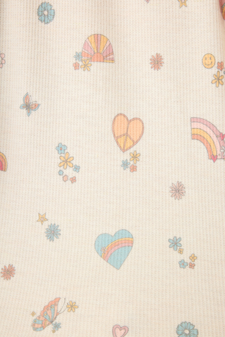 Emoji-fun tattoo printed jammie set top & banded pj pant in oatmeal with multi-color striped waistband.