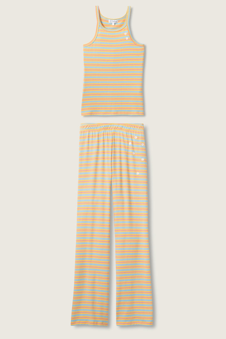Multi-striped lounge set tank top & open leg lounge pant in orange-sage-dusty pink. With small floral embroidery details.