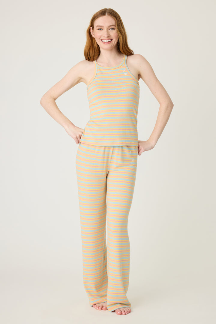 Multi-striped lounge set tank top & open leg lounge pant in orange-sage-dusty pink. With small floral embroidery details.