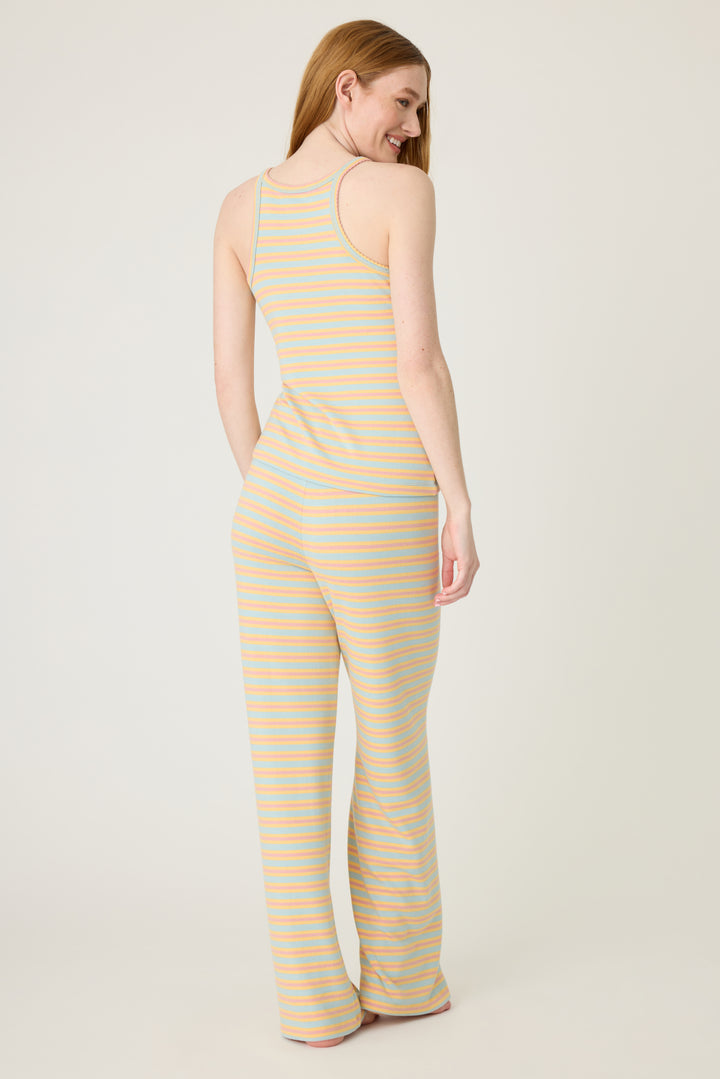 Multi-striped lounge set tank top & open leg lounge pant in orange-sage-dusty pink. With small floral embroidery details.
