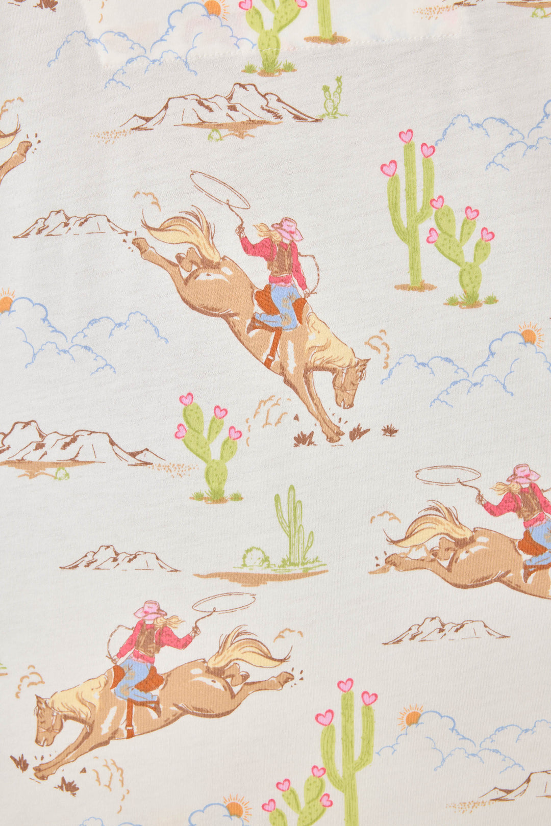 Natural Western print women's classic pj set in cotton-blend jersey. Button front top & tie waist pant with piping.