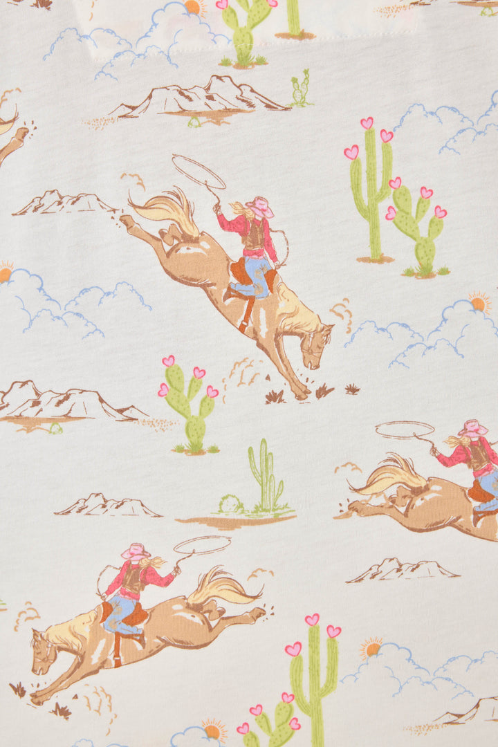 Natural Western print women's classic pj set in cotton-blend jersey. Button front top & tie waist pant with piping.