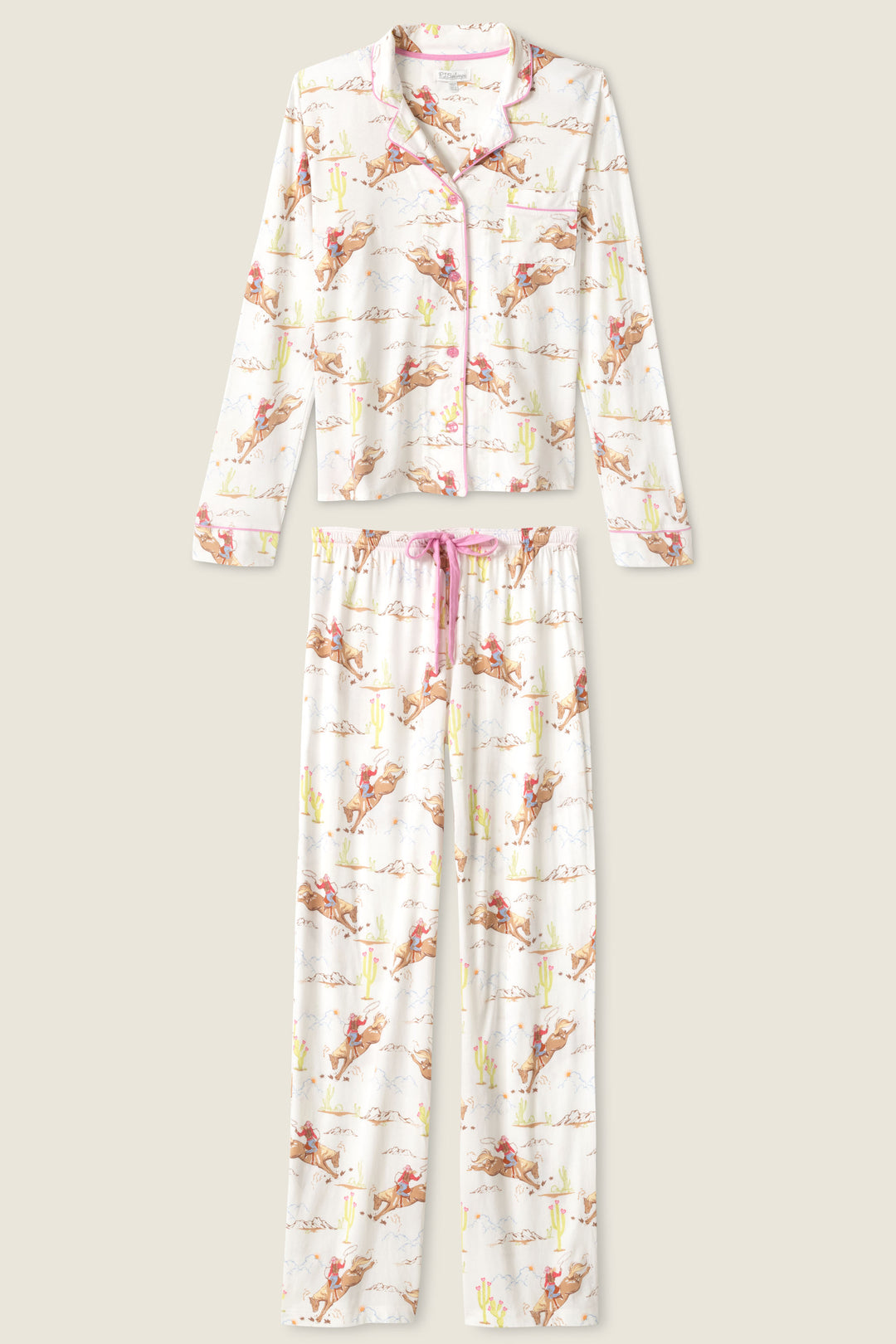 Natural Western print women's classic pj set in cotton-blend jersey. Button front top & tie waist pant with piping.
