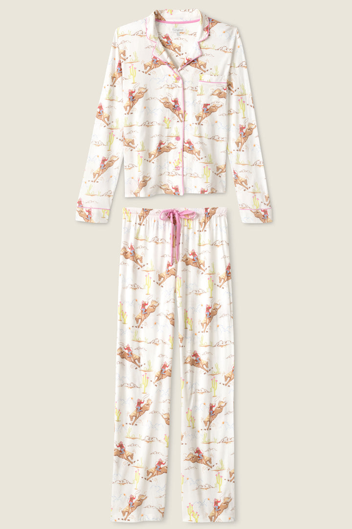 Natural Western print women's classic pj set in cotton-blend jersey. Button front top & tie waist pant with piping.