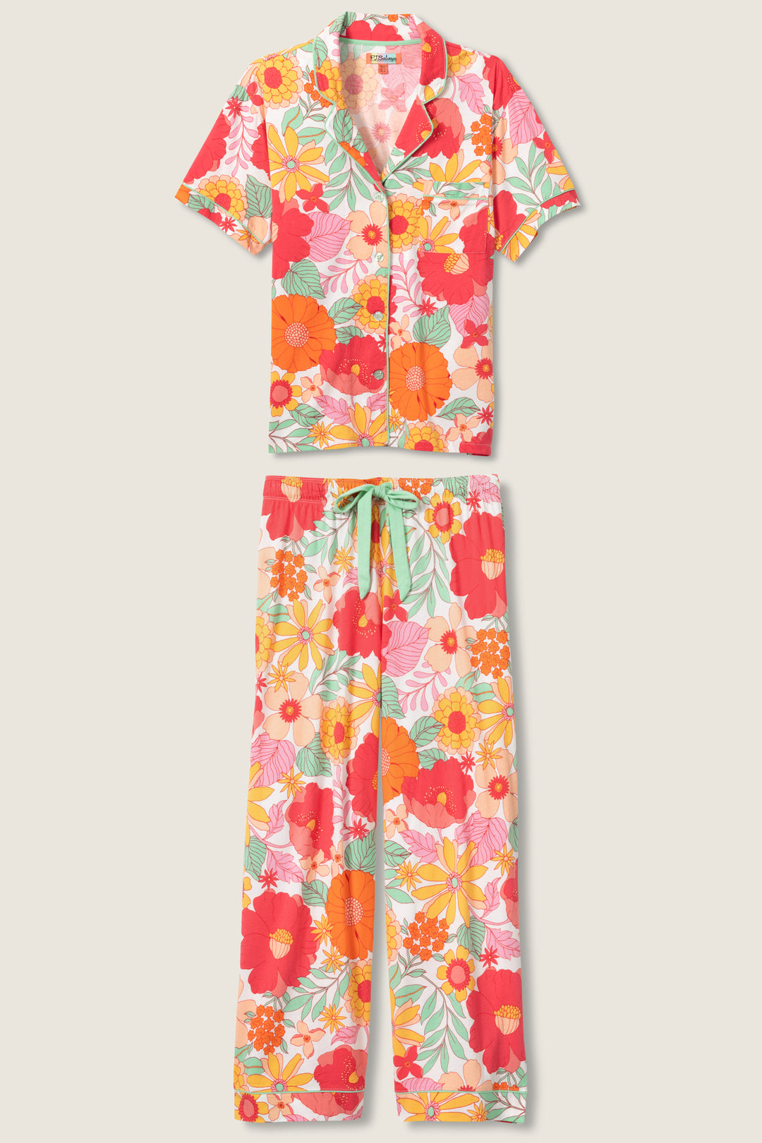 Women's breathable cotton-modal jersey short sleeve pajama set in coral-orange yellow floral print. With aqua contrast piping & tie. Button-front top & open leg pant.
