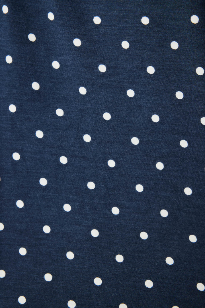 Women's navy blue w/ivory polka dot camisole & short sleep set in modal jersey. Cami has adjustable straps & lace inset neckline. Short has contrast tie-waist & lace hem.