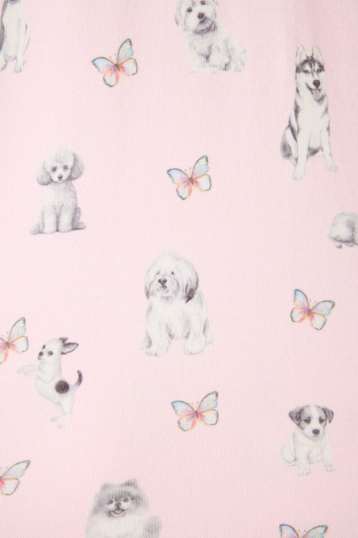 Pink dog-printed sleep set for women. Racer back sleep tank & open leg lounge pant with tie waist.