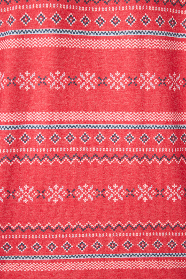 Women's red jammie top and banded PJ pant with holiday fair isle pattern.
