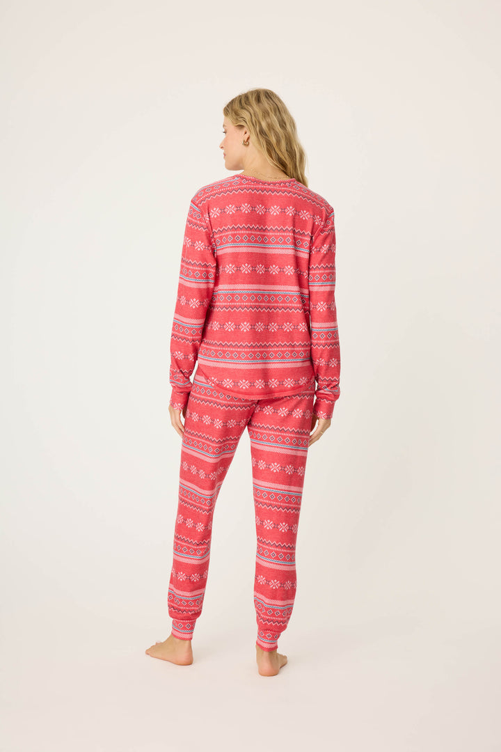 Women's red jammie top and banded PJ pant with holiday fair isle pattern.