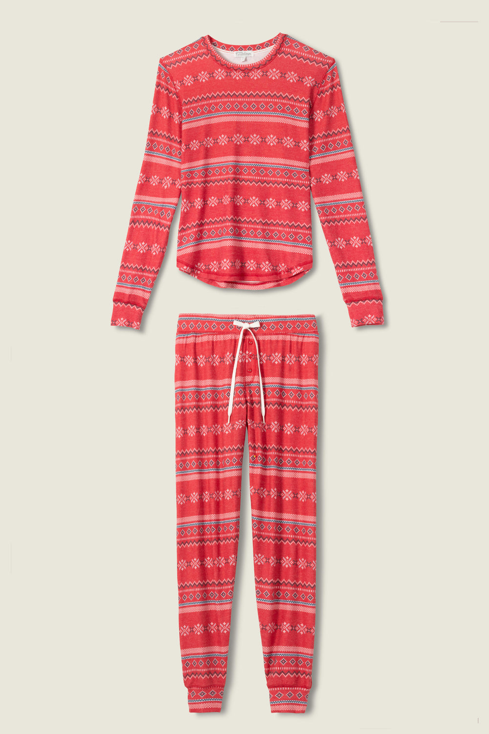 Women's red jammie top and banded PJ pant with holiday fair isle pattern.