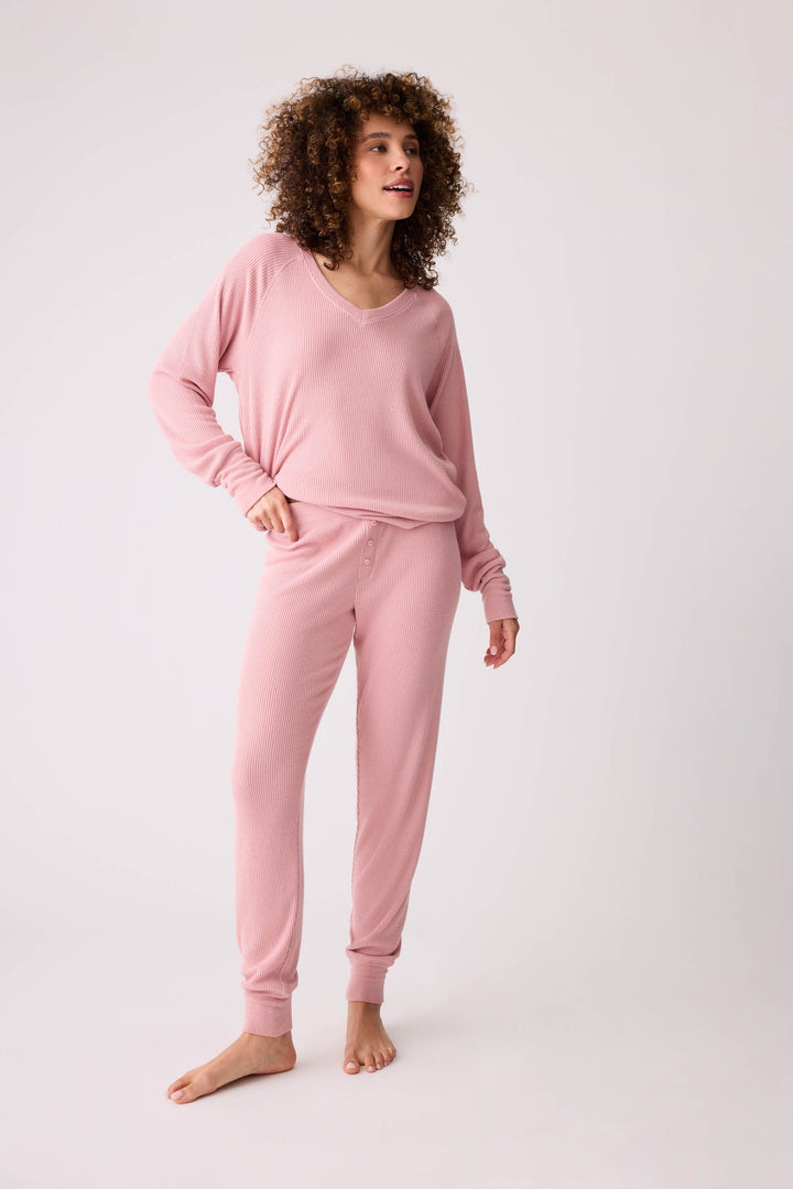 Women's dusty pink brushed rib knit sleep long sleeve and jammie pants.