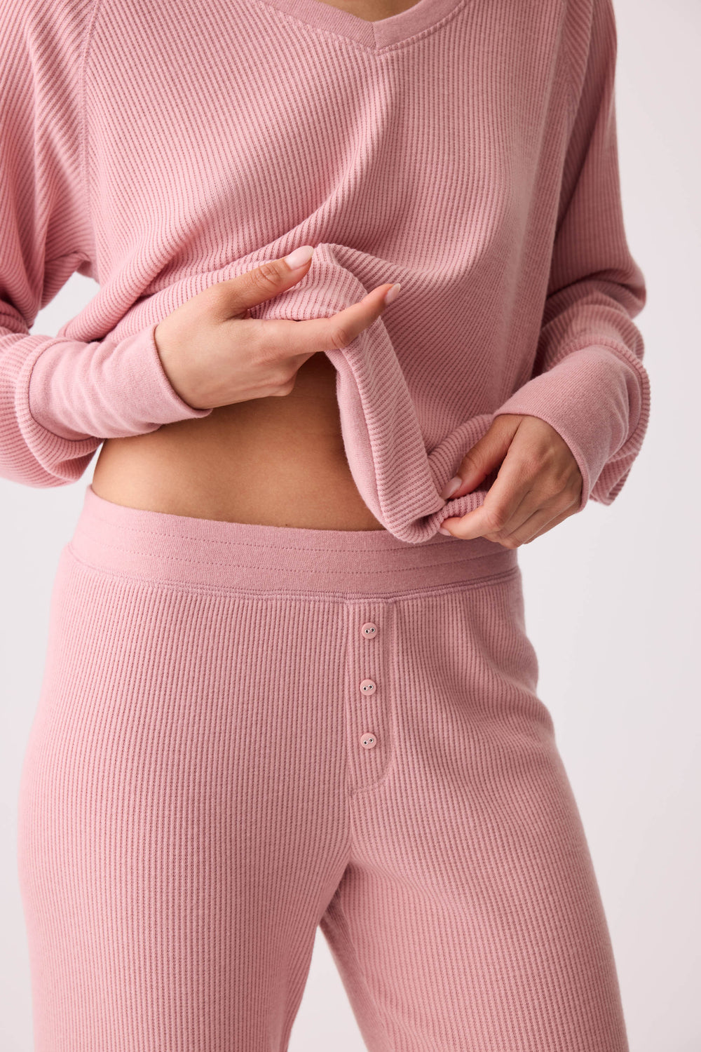 Women's dusty pink brushed rib knit sleep long sleeve and jammie pants.